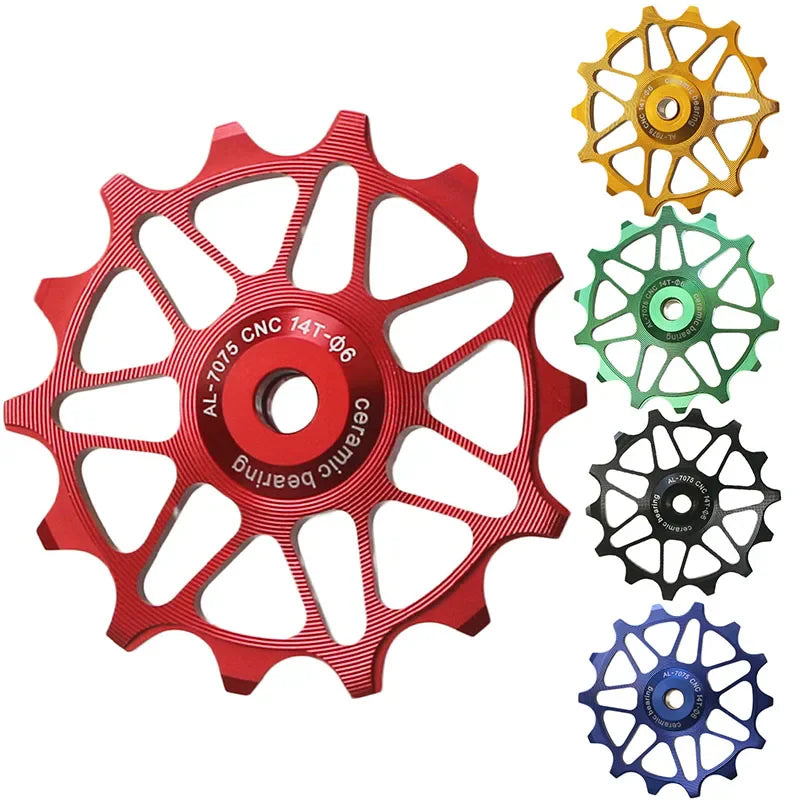 Ceramic bearing jockey wheels for rear derailleurs in red, gold, green, black, and blue