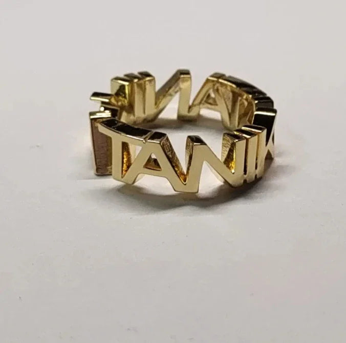 Gold-colored custom name initial letter ring for women