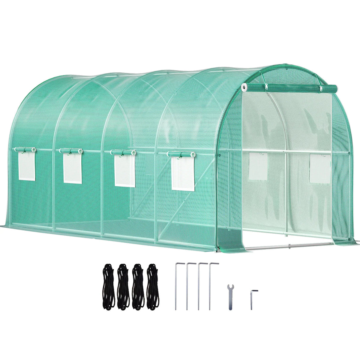 Green SucceBuy walk-in tunnel greenhouse with PE cover and mesh windows set up in a garden