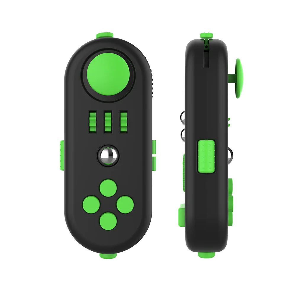 Black and neon green handheld fidget controller toy showing front and side views