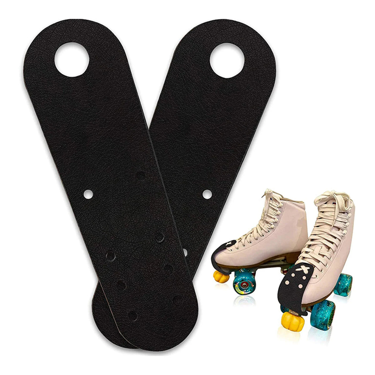 Pair of black leather roller skate toe guards shown next to a roller skate wearing a toe guard.