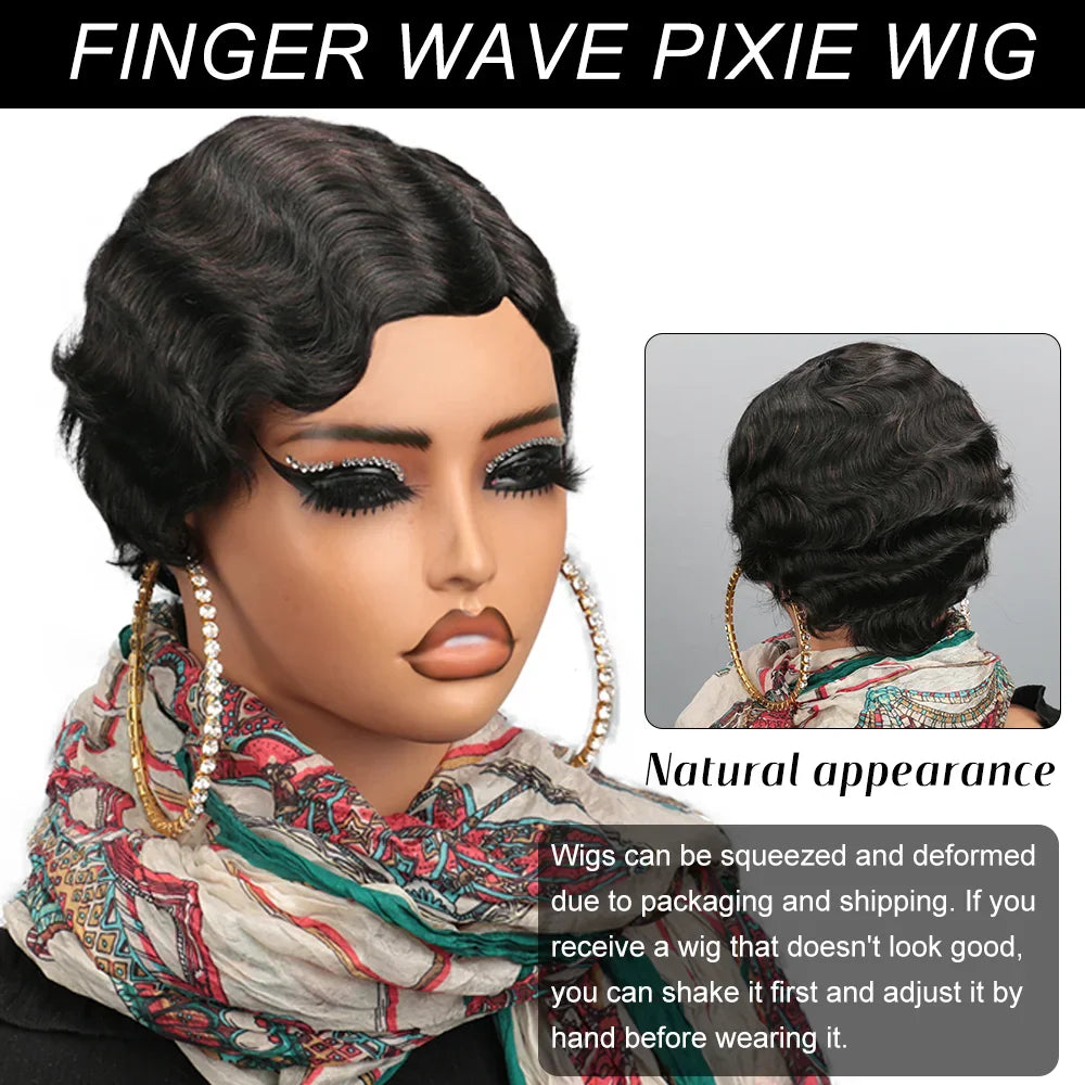 Short finger wave pixie cut wig product advertisement with text overlays.