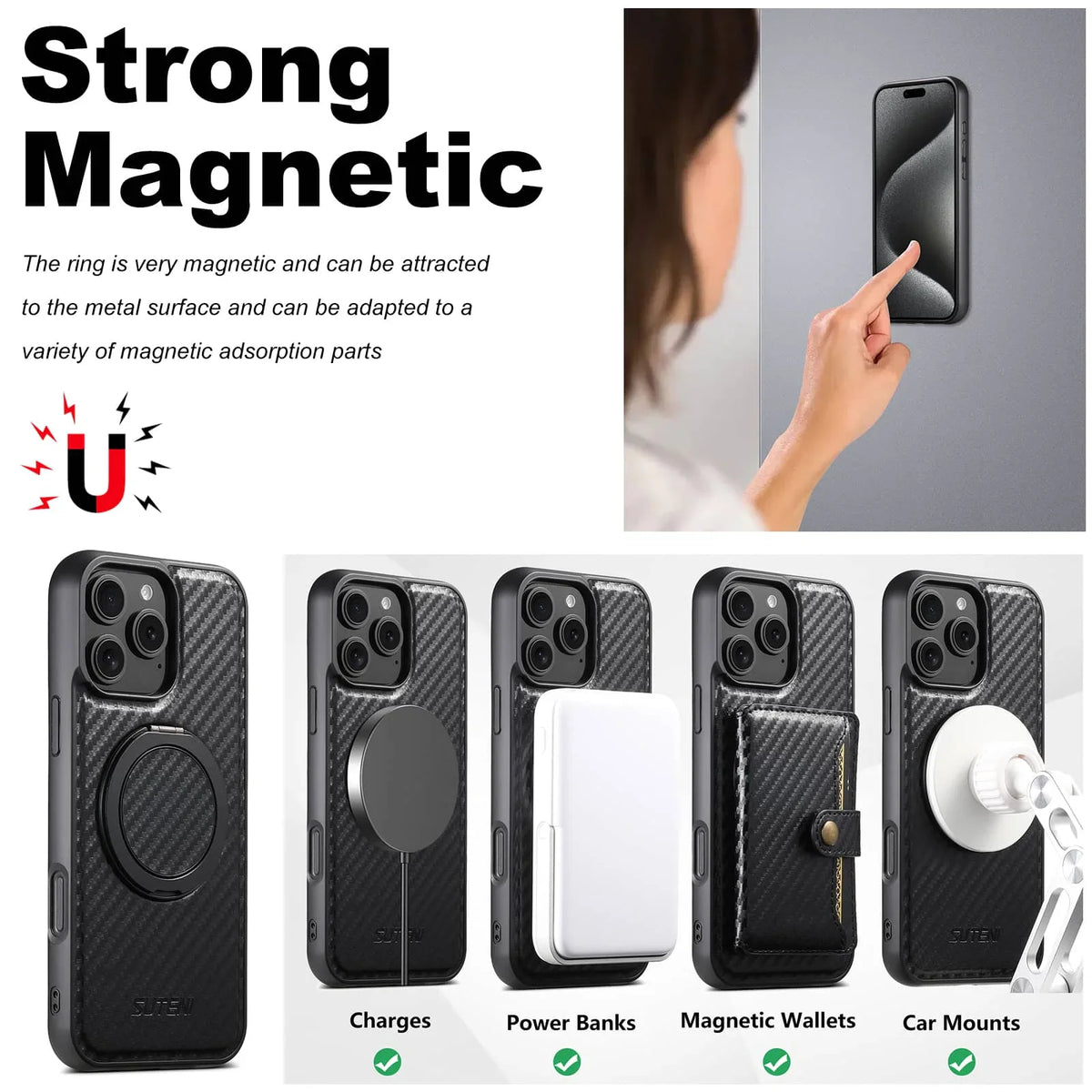 Black carbon fiber-style protective phone case with a built-in circular magnetic kickstand ring – view 4