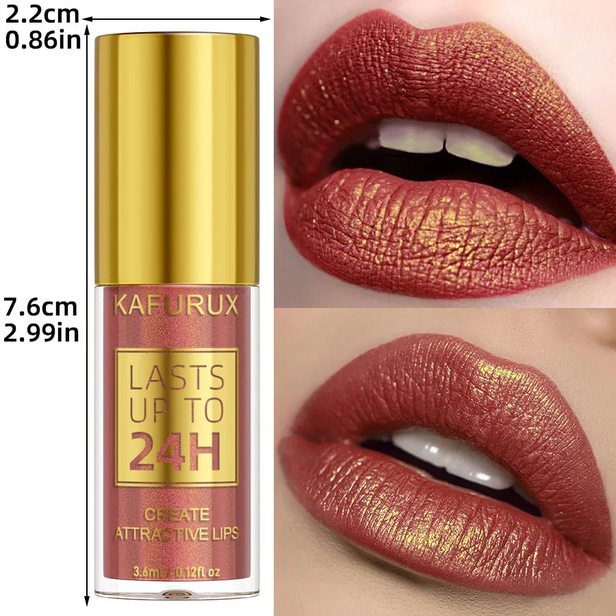Metallic glitter liquid lipstick with measurement details and close-up of lips wearing the shade.