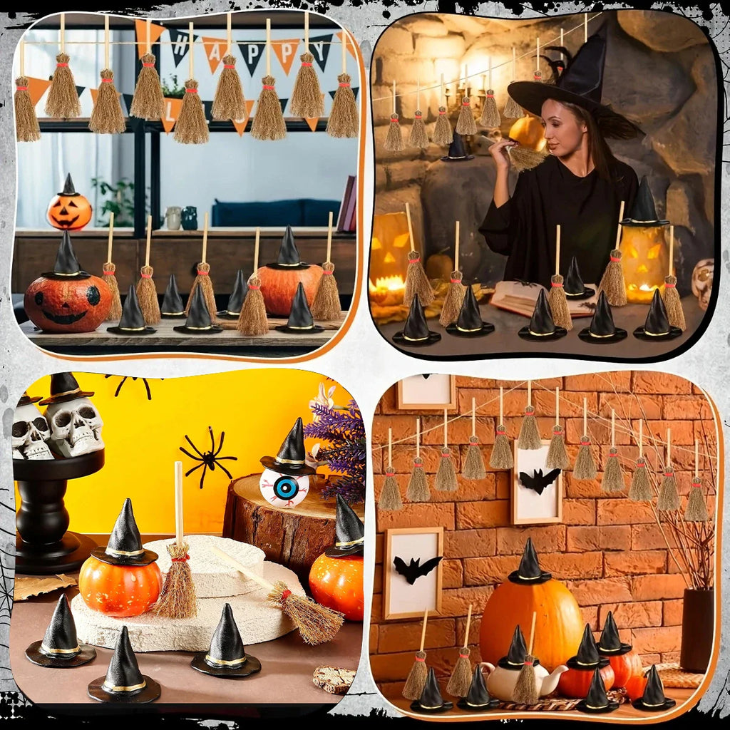 Miniature witch hats and broomstick decorations arranged in various Halloween table settings