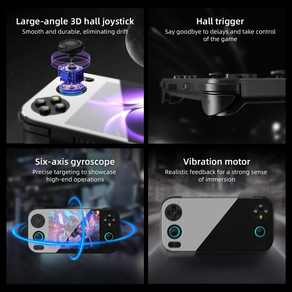 Detailed technical features of a handheld console highlighting the joystick, triggers, gyroscope, and vibration motor.