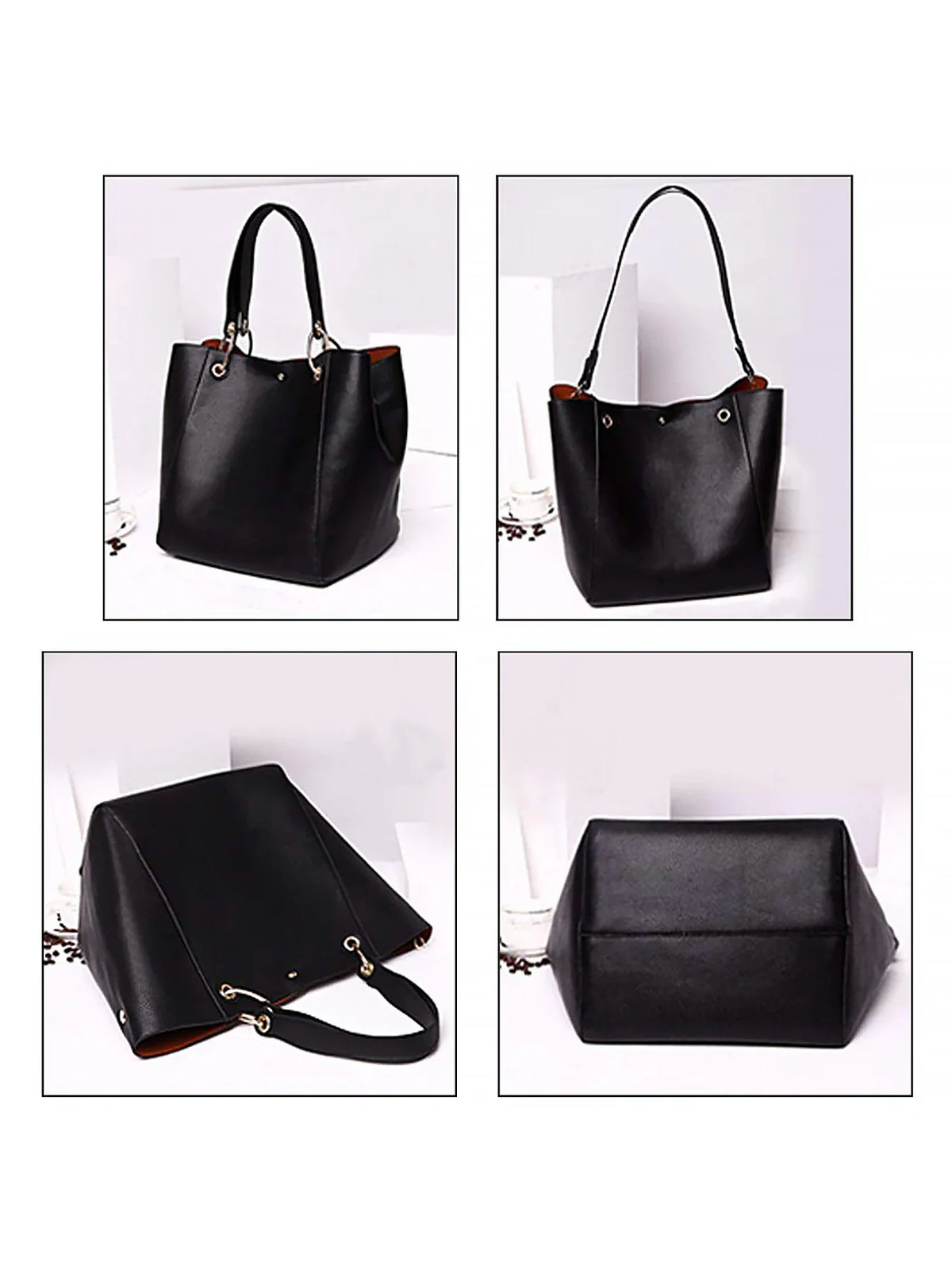 Multiple views of a black tote bag showing details and angles