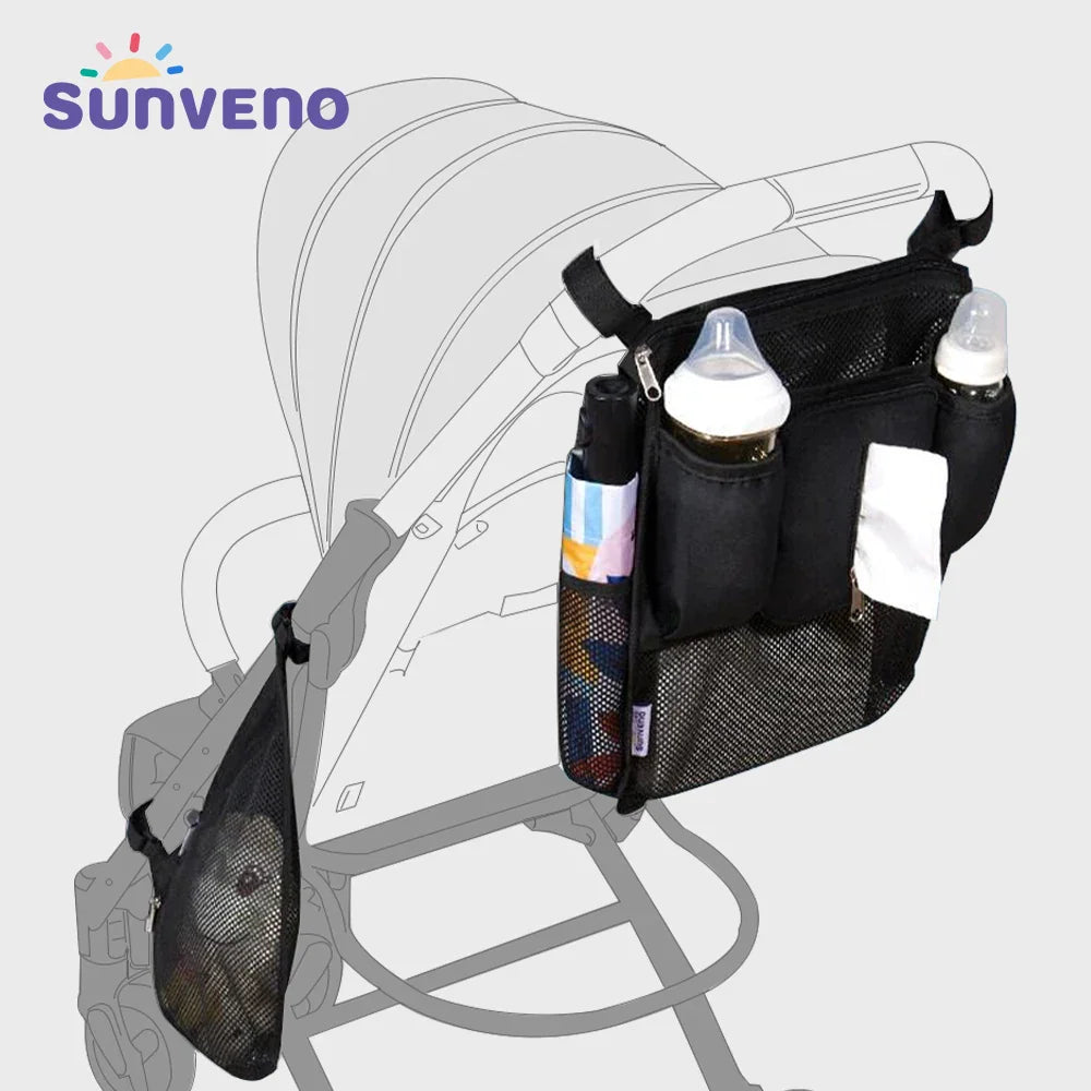 Diagram of a black stroller organizer bag attached to a stroller frame, showing its various storage pockets