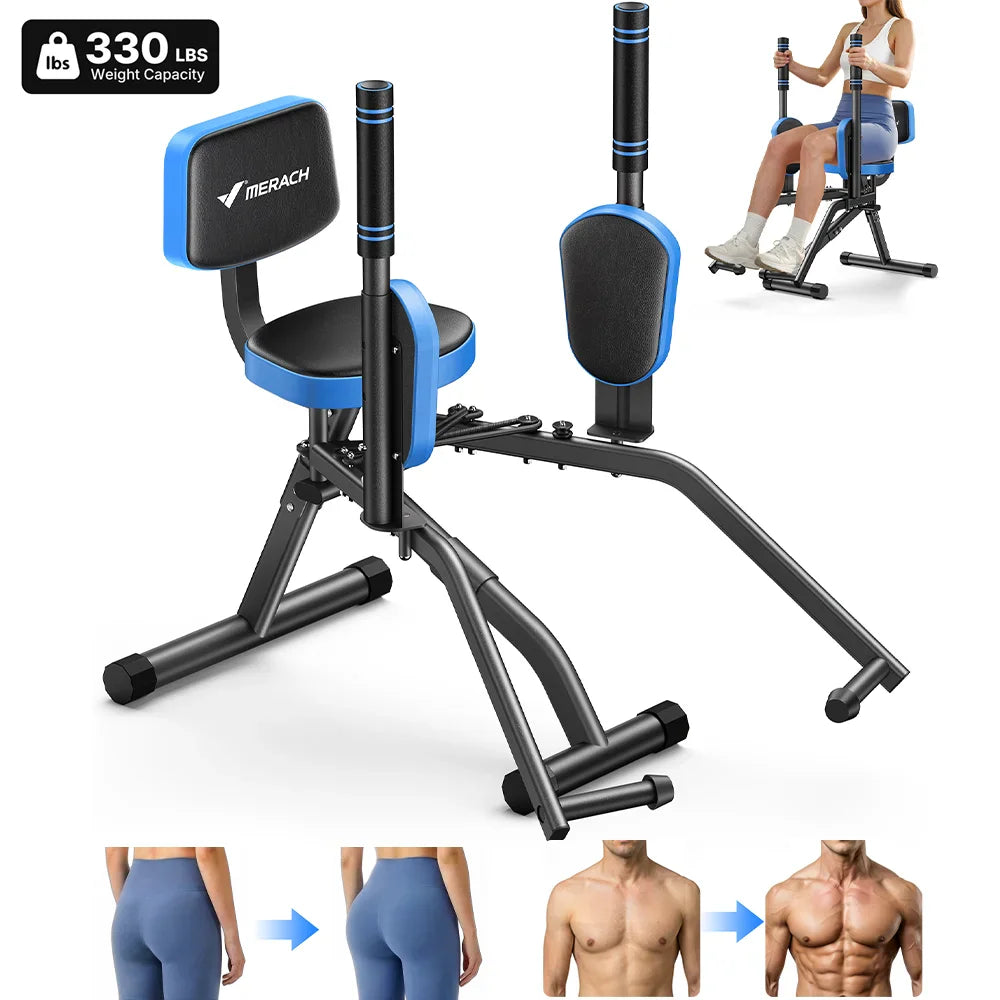 Hip abductor exercise machine in black and blue with multiple user demonstration cutouts.