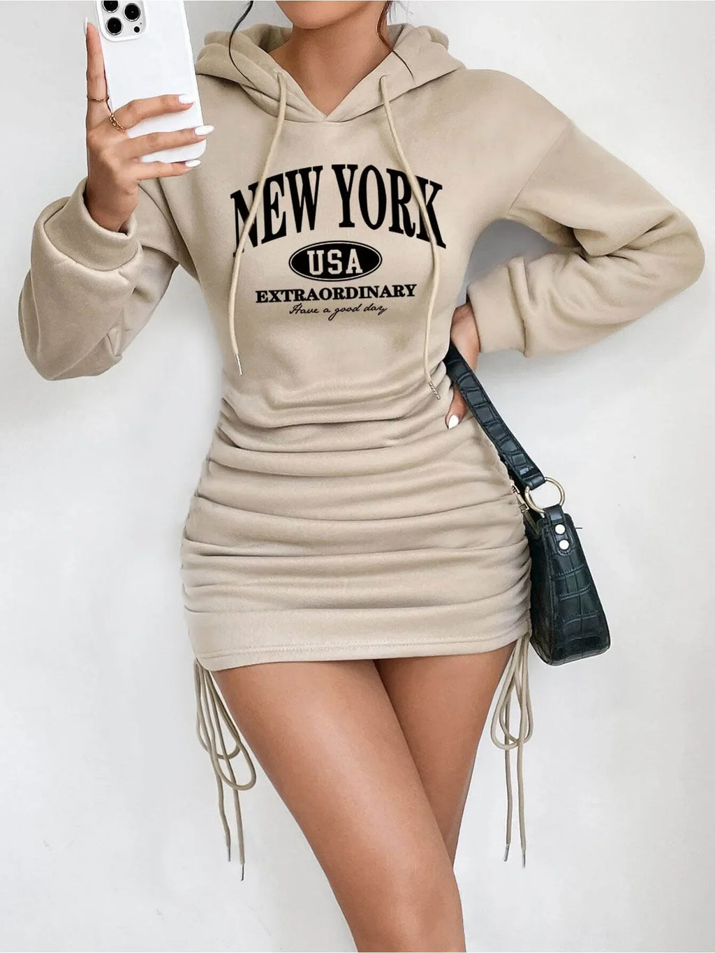 Beige long-sleeve hooded mini dress with New York USA graphic print
