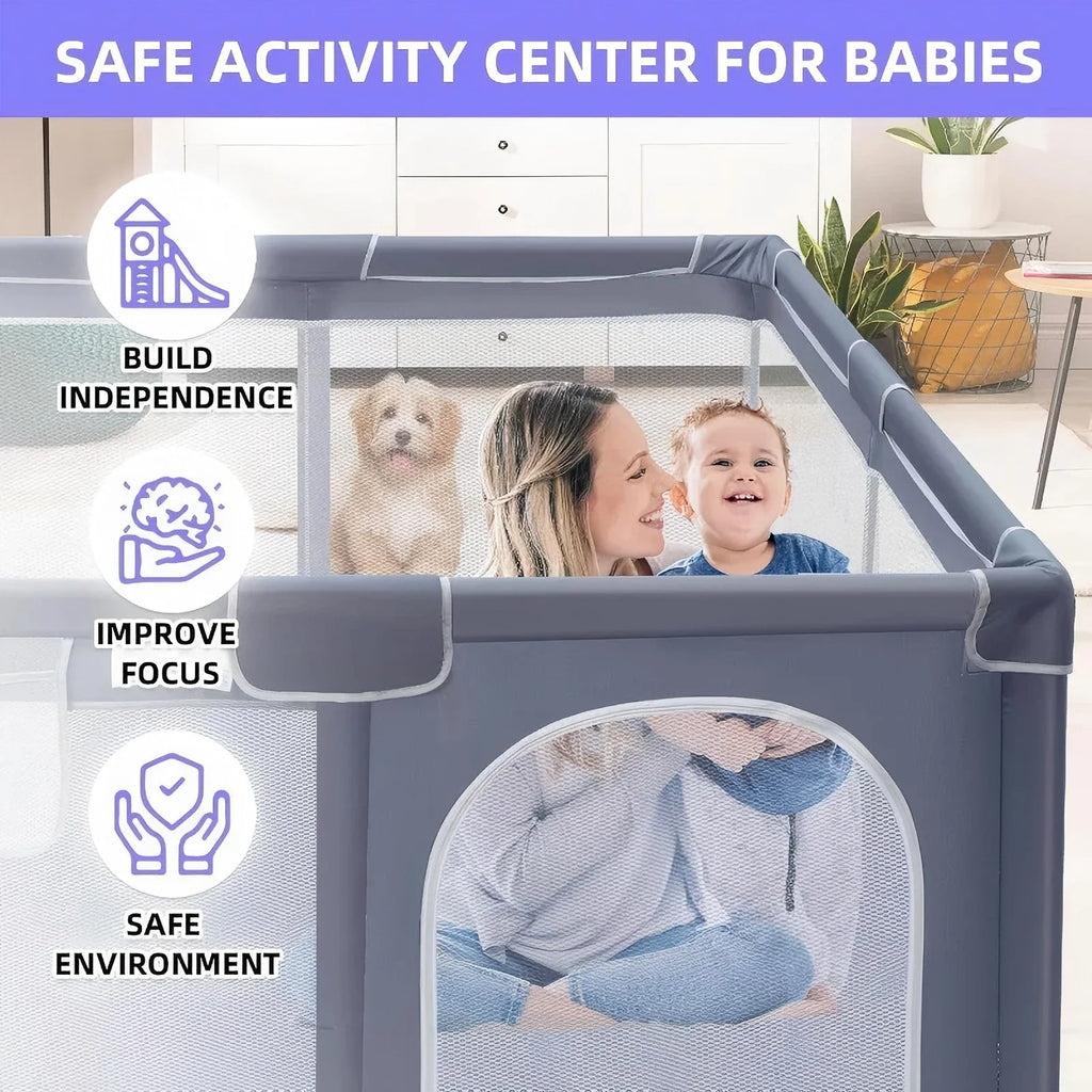 Grey mesh baby playpen used as a safe activity center, featuring icons for building independence and focus