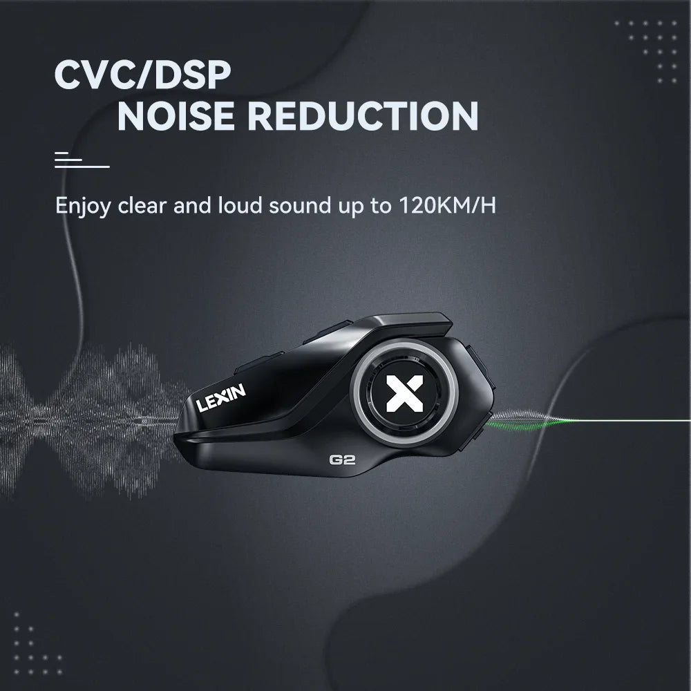 Black motorcycle intercom unit against a dark background with noise reduction wave graphic.