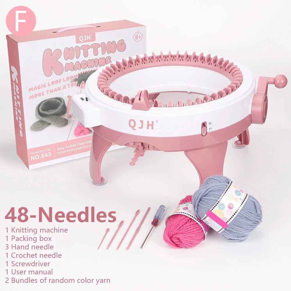 Pink and white circular knitting machine with yarn and tools.