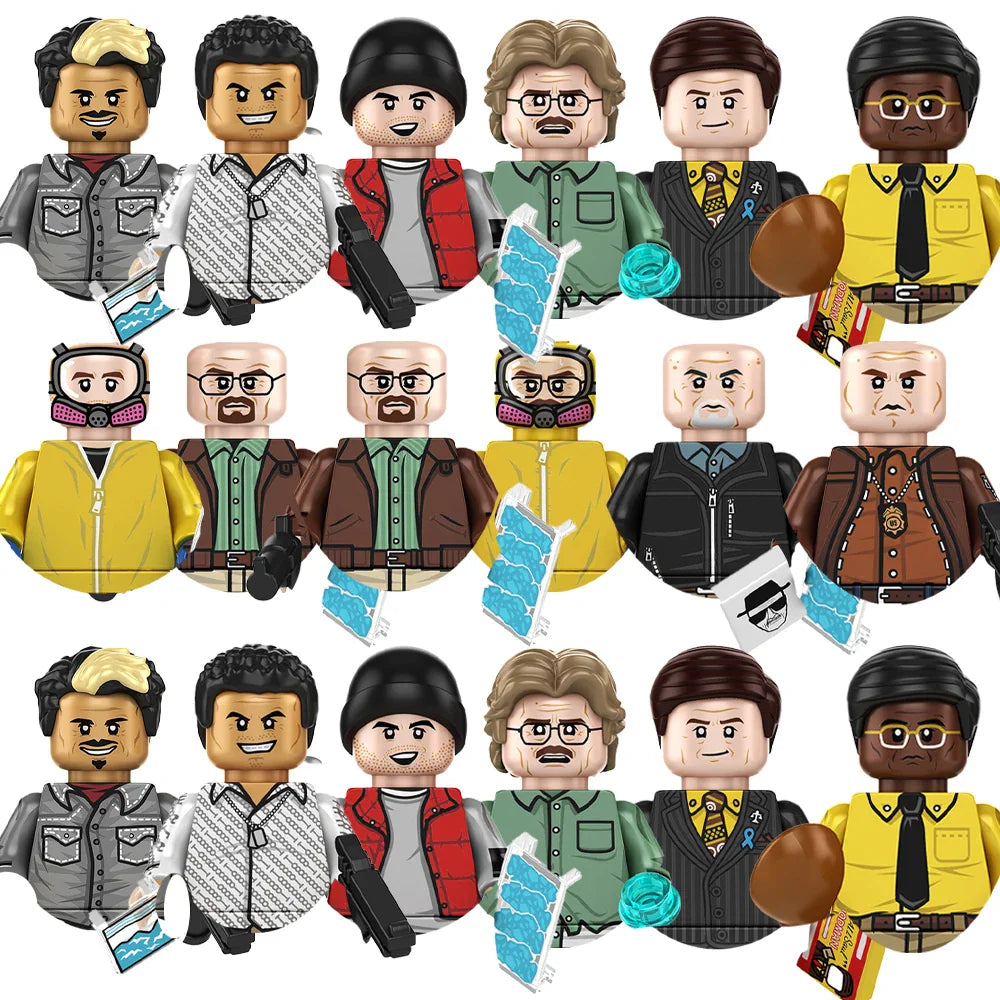 A collection of building block mini figures featuring various character designs from a crime drama series