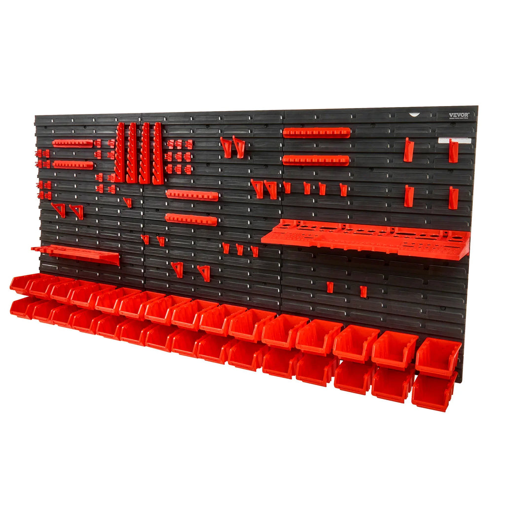 Black wall-mounted tool organizer panel with red bins, hooks, and holders