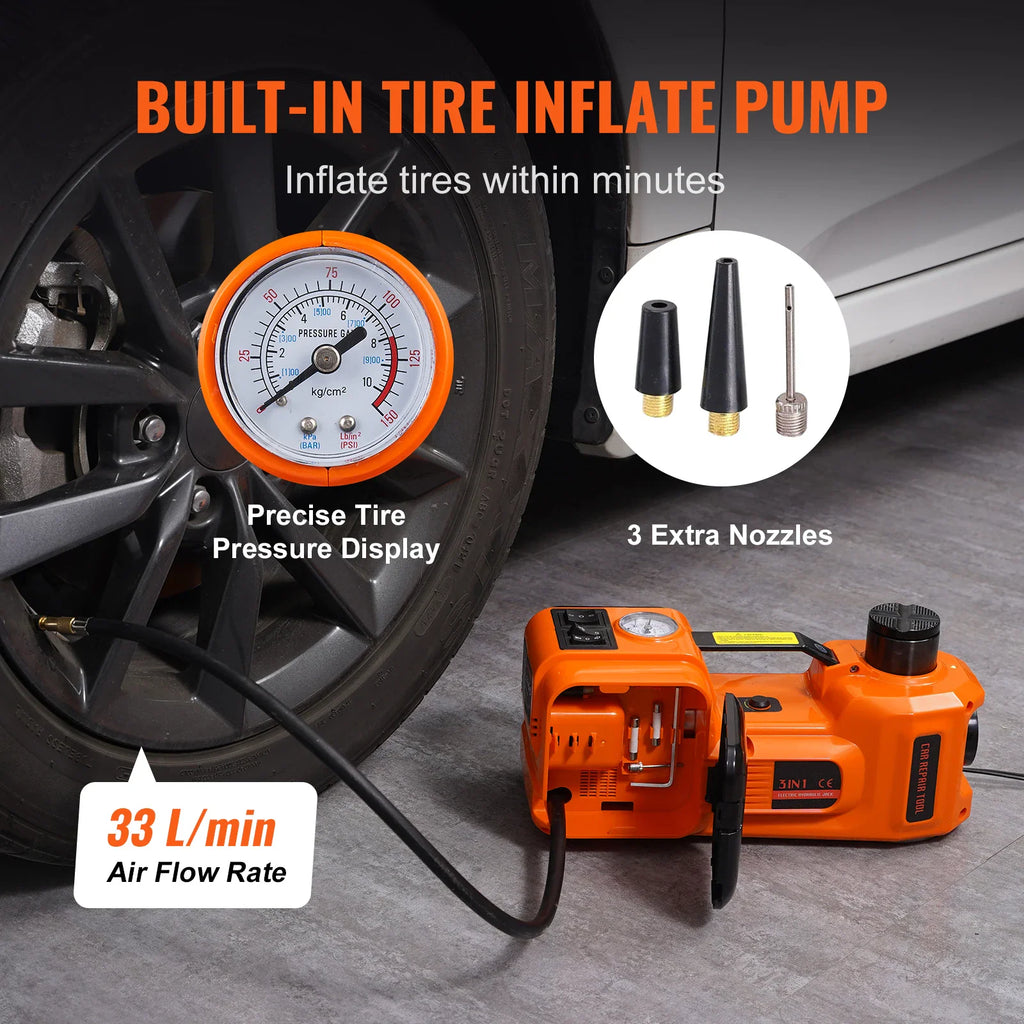 Orange electric hydraulic car jack being used to inflate a car tire with pressure gauge