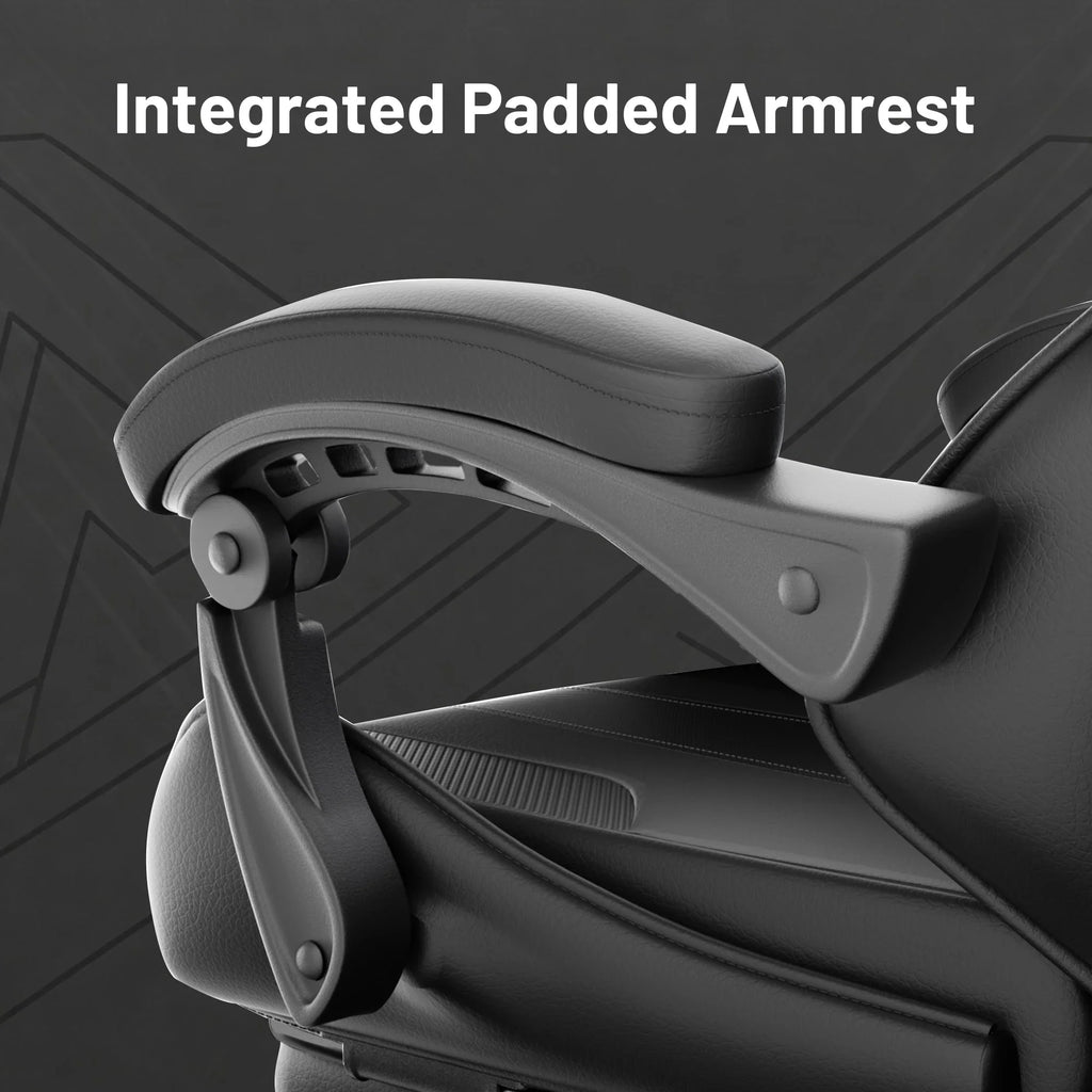 Close-up view of a black padded gaming chair armrest