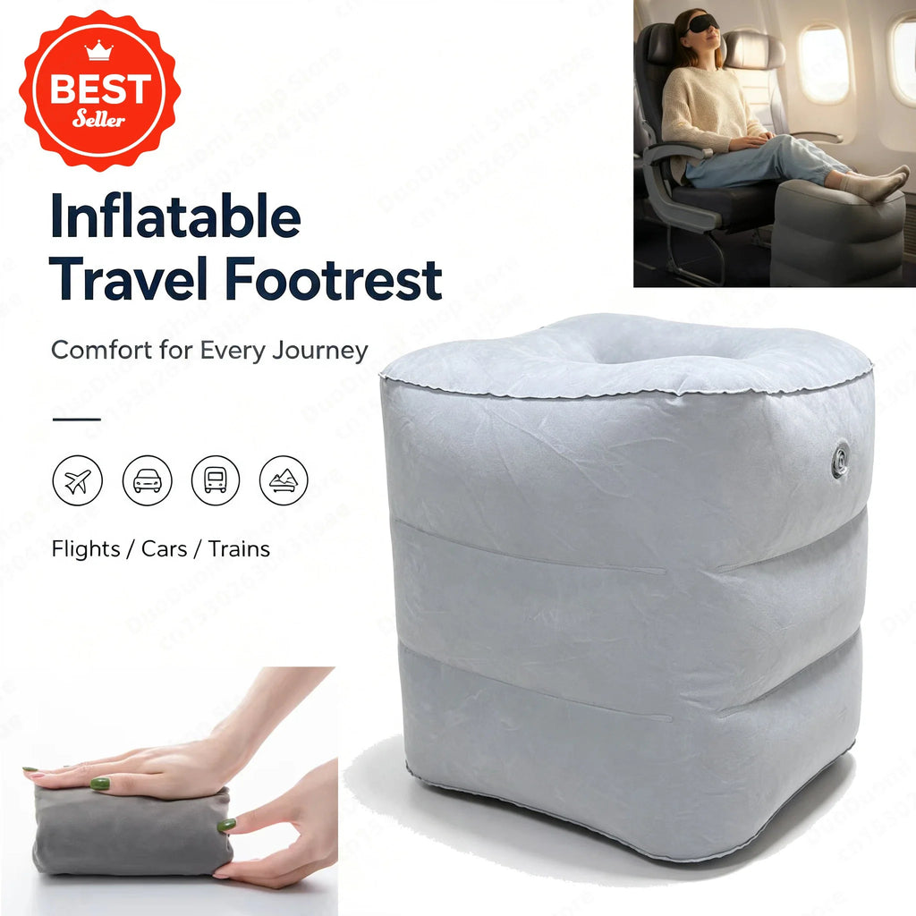 Grey three-layer inflatable travel footrest pillow for airplane and car use