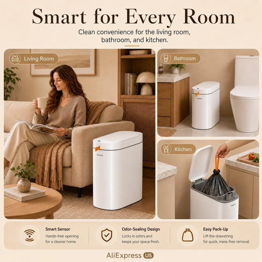 White sensor trash bin being used in living room, bathroom, and kitchen settings