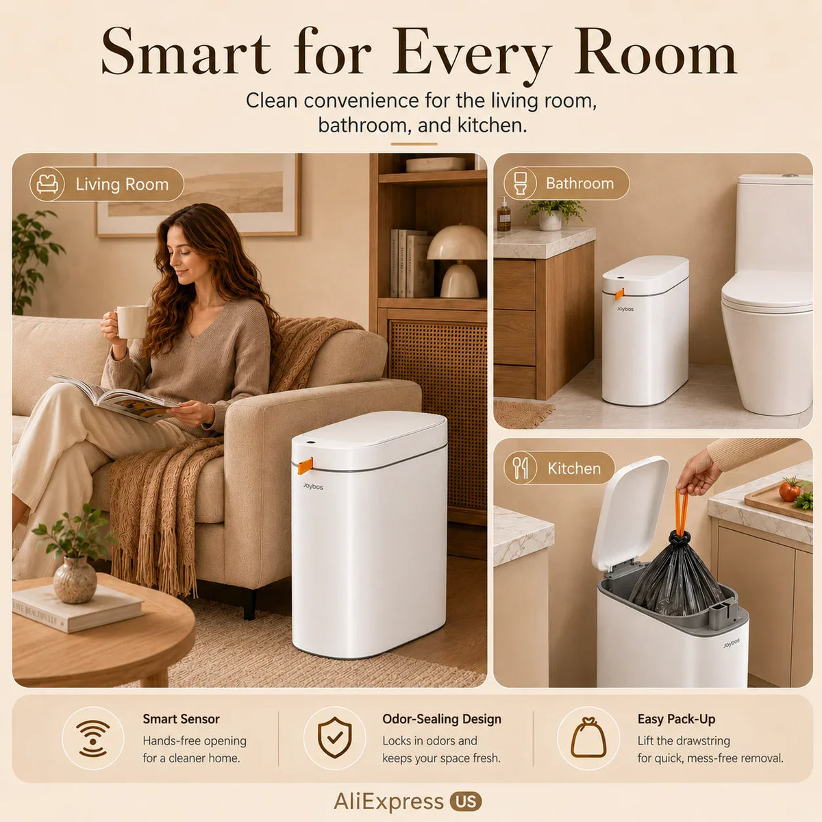 White sensor trash bin being used in living room, bathroom, and kitchen settings