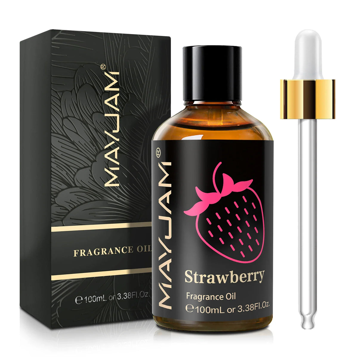 A bottle of Strawberry fragrance oil next to its box and a dropper.