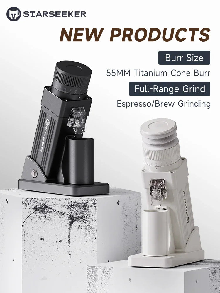 Black and white electric coffee grinders with 55mm titanium conical burrs for espresso and brew coffee