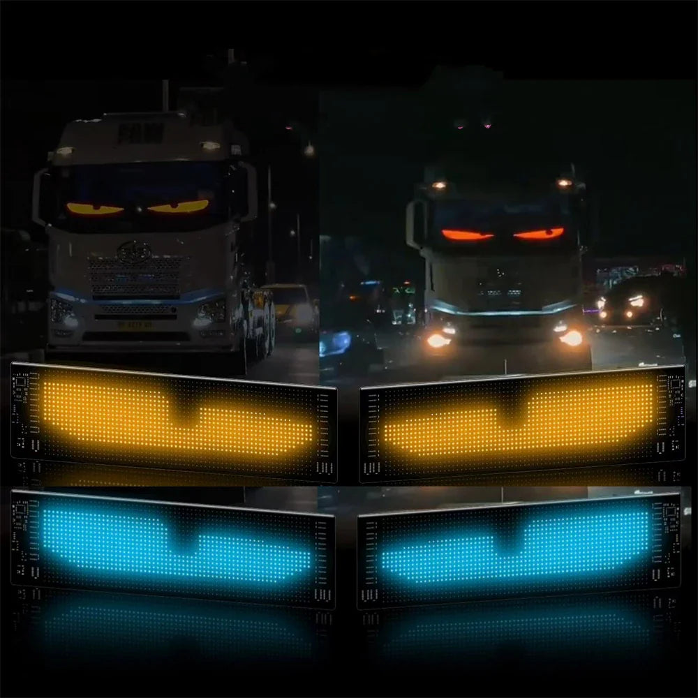 Four LED car window display panels showing yellow and blue angry eye animations