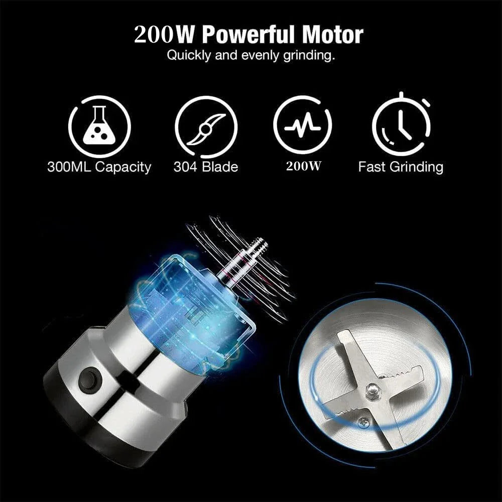 Electric grinder with technical specifications including 200W motor power and 300ml capacity