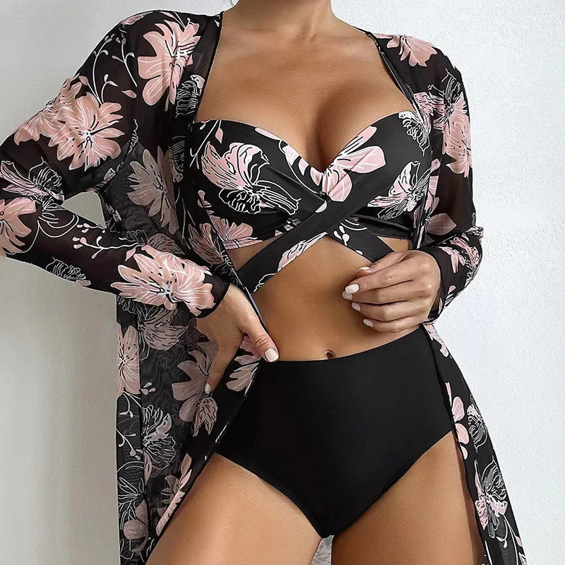 Floral print 3-piece black bikini set with long sleeve cover-up for women