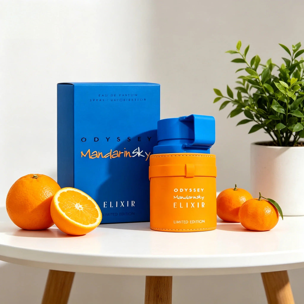 Orange leather-wrapped fragrance bottle and its blue packaging box with fresh mandarins and a small plant on a white table