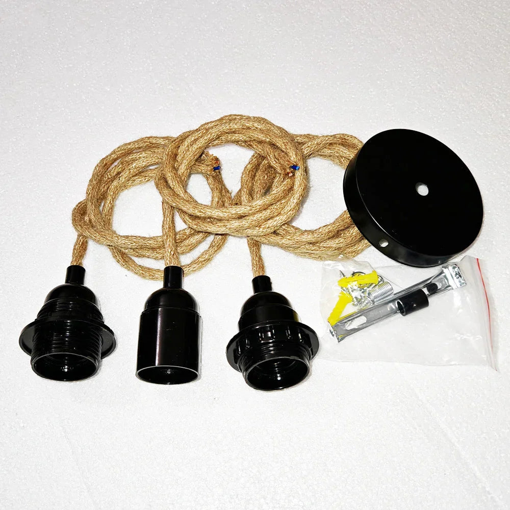 Jute rope hanging lamp socket set with black ceiling plate and mounting hardware