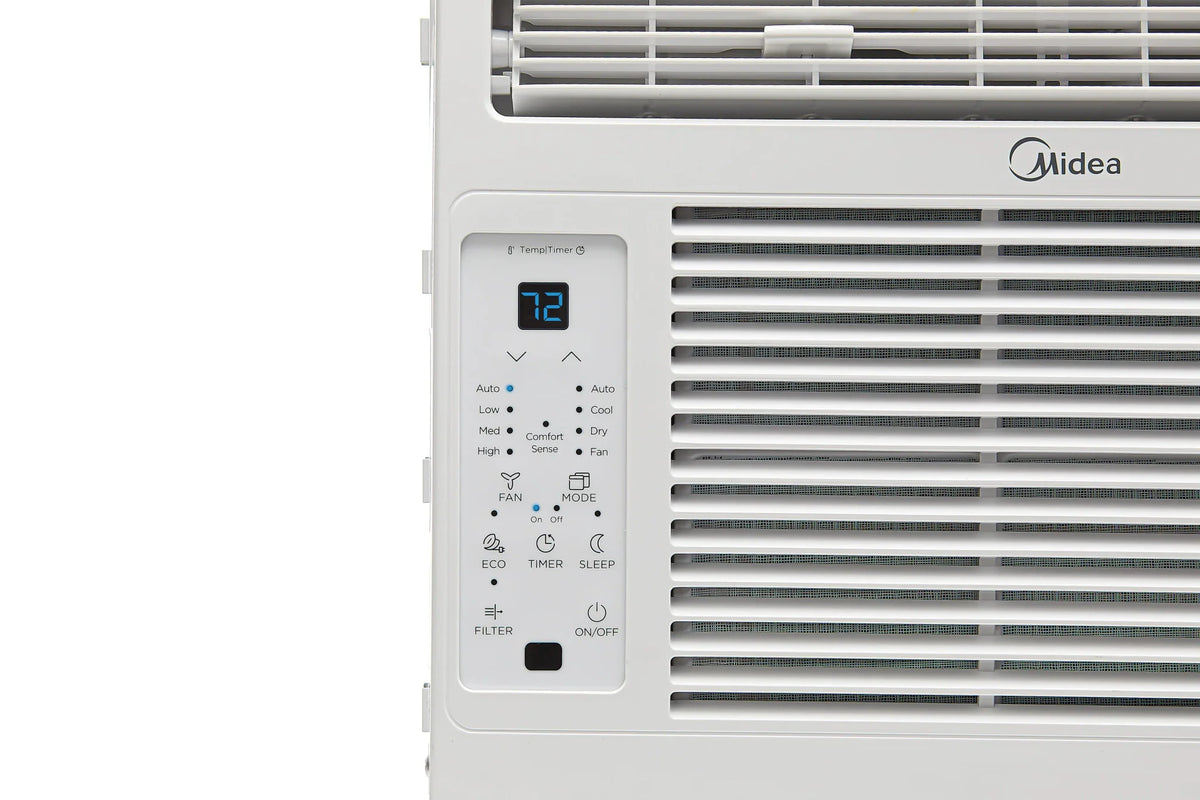 Close up of a window air conditioner control panel showing digital display