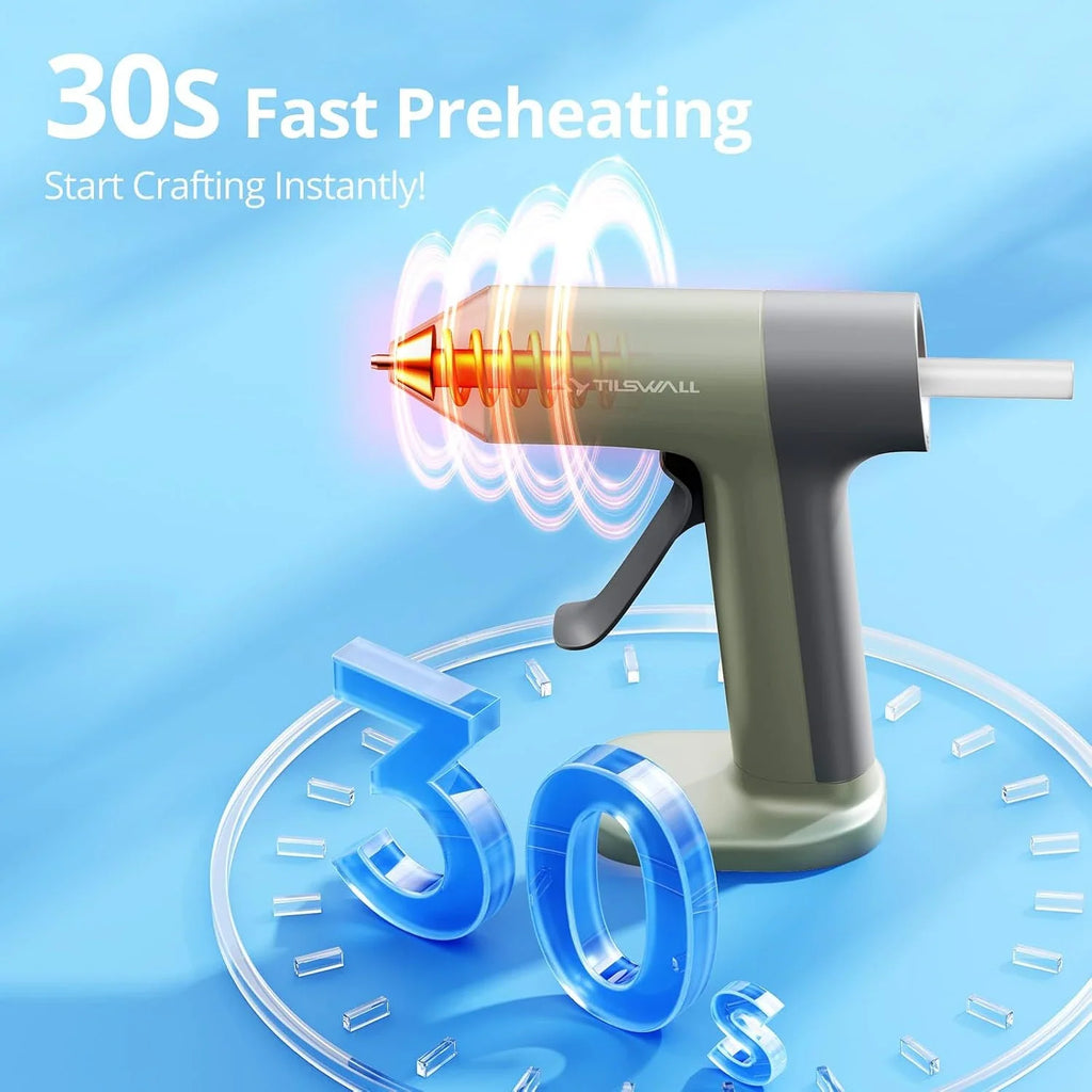 Graphic showing a cordless glue gun with a 30 second fast preheating feature