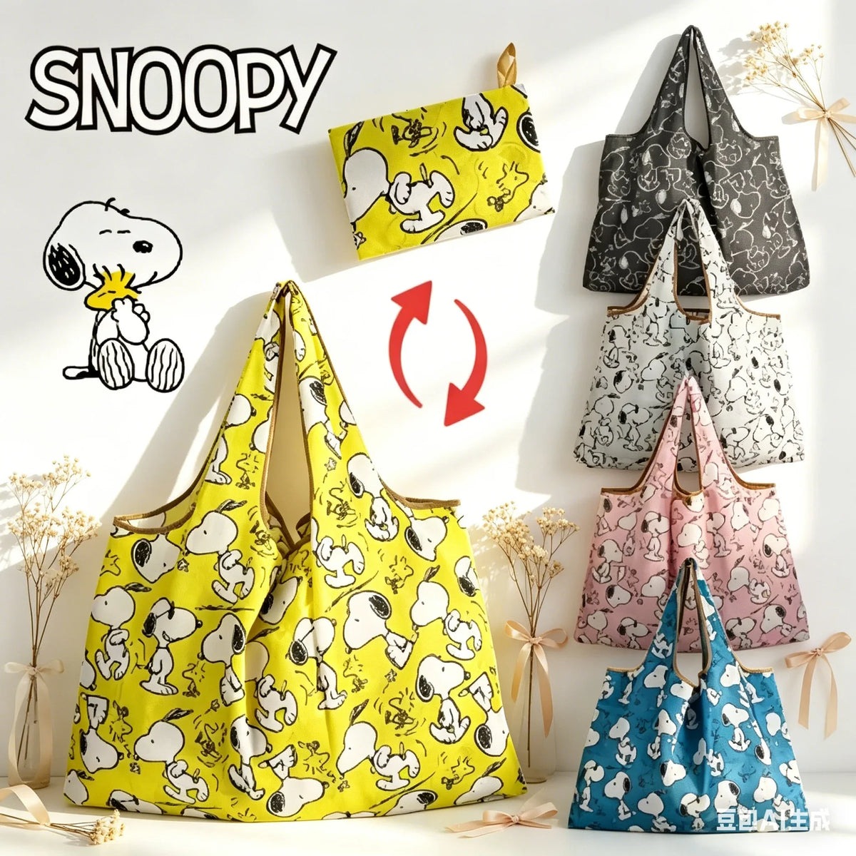 A variety of foldable shopping bags with cartoon dog print in yellow, black, white, pink, and blue.