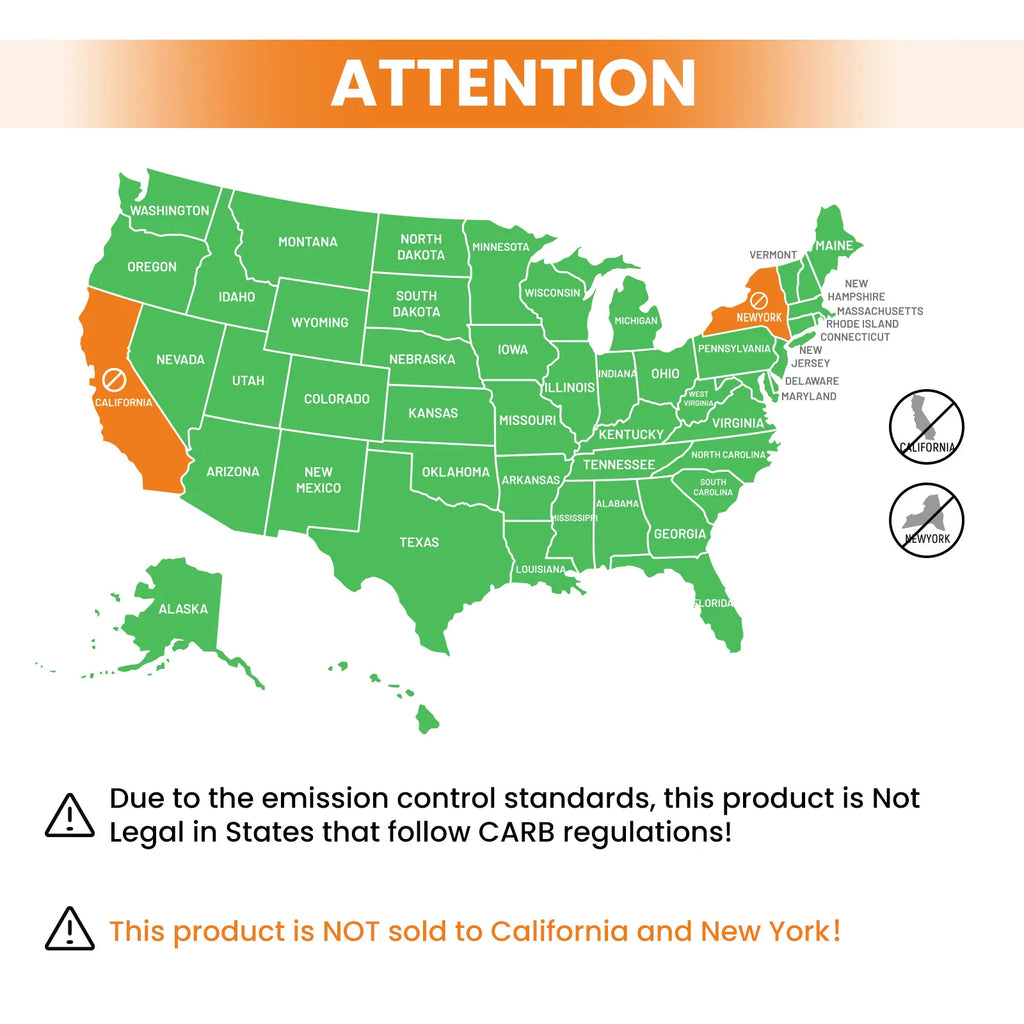 Map of the United States showing California and New York as restricted sales areas for turbocharger