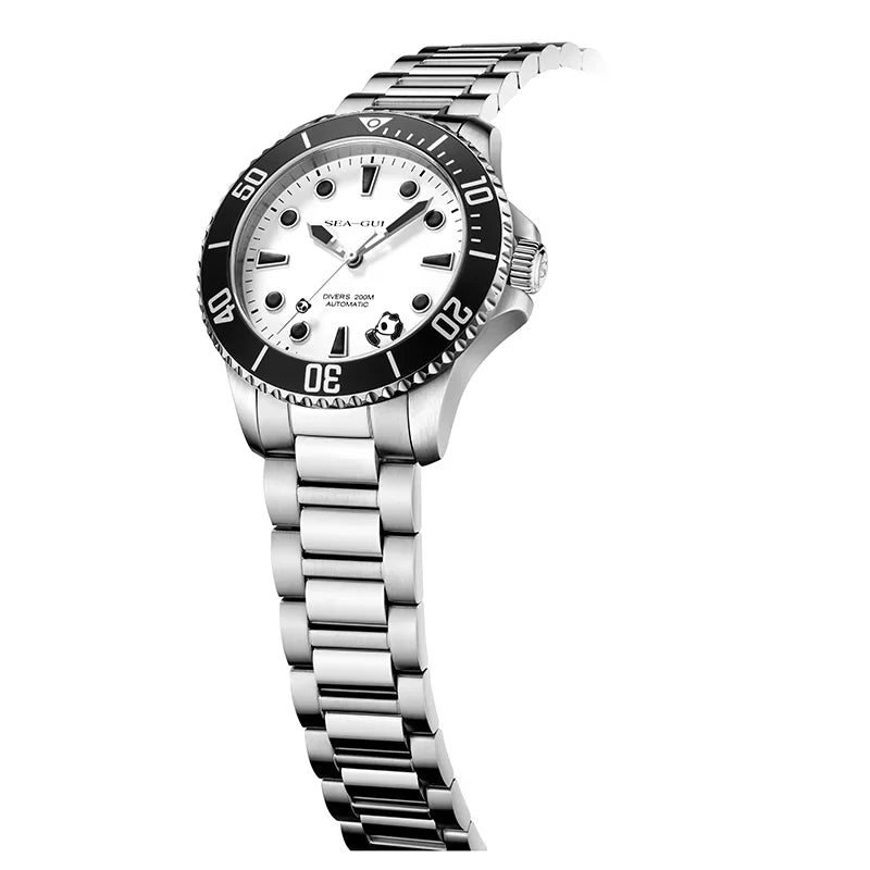 Angled view of a men's silver stainless steel diver watch with a white panda dial and metal bracelet.