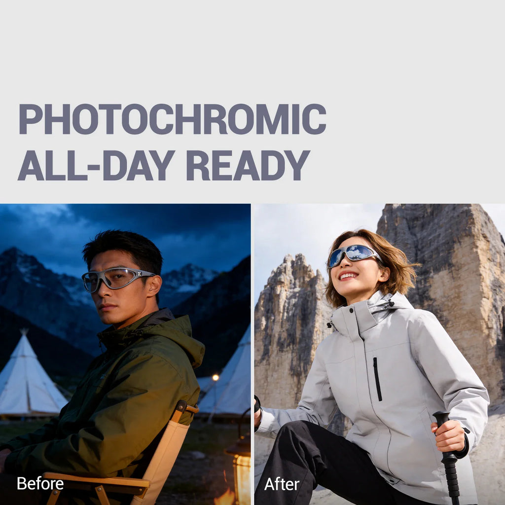Photochromic glasses worn by people in mountain settings