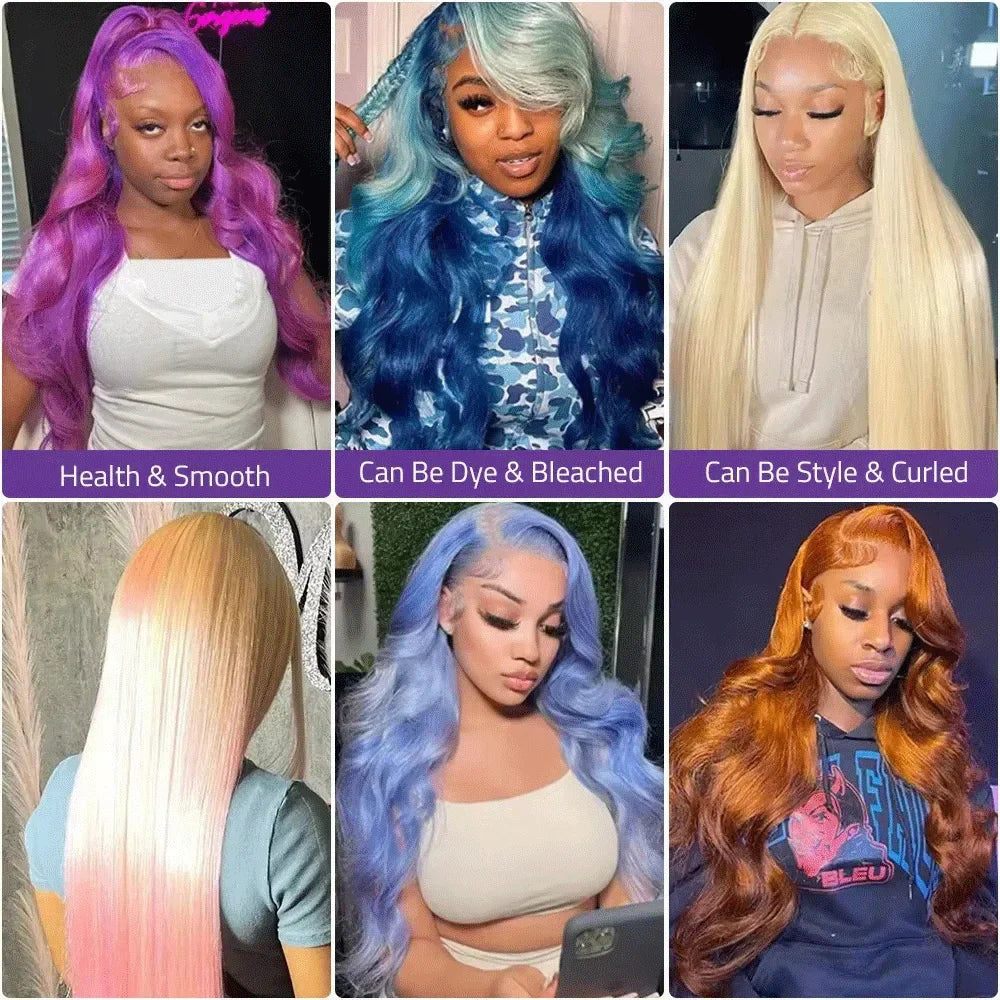 Various colorful long wavy human hair wigs showing styling versatility