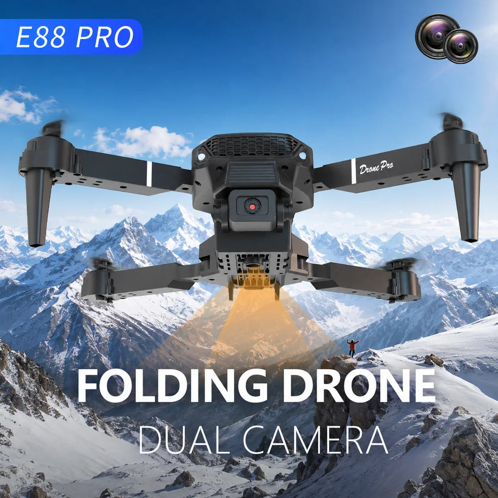 A black foldable drone flying over a snowy mountain, with descriptive text and camera lens icons.