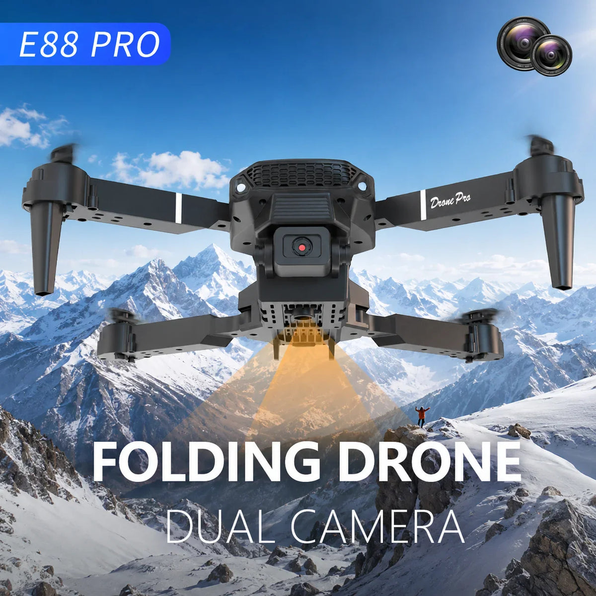 A black foldable drone flying over a snowy mountain, with descriptive text and camera lens icons.