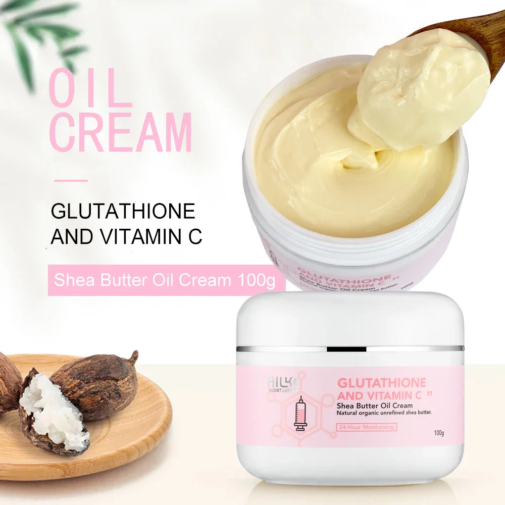 Glutathione and vitamin C shea butter moisturizing oil cream in a jar with raw shea nuts.