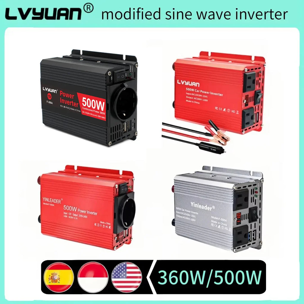 A collection of 500W car power inverters in different colors with power cables and country flags
