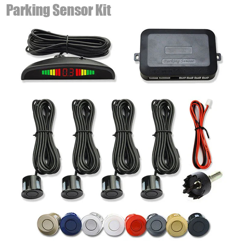Car parking sensor kit with control unit, display, wiring, and 8 multicolored sensor probes.