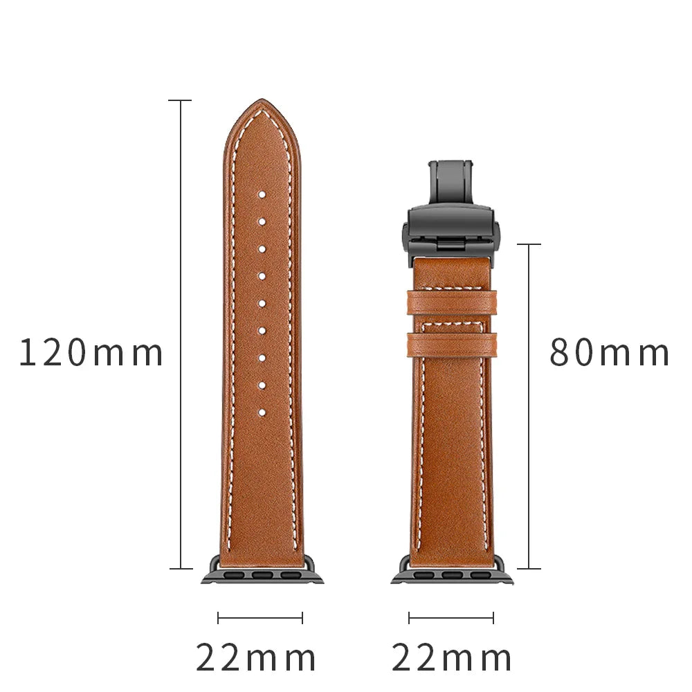 Diagram showing length measurements in millimeters for a leather watch strap