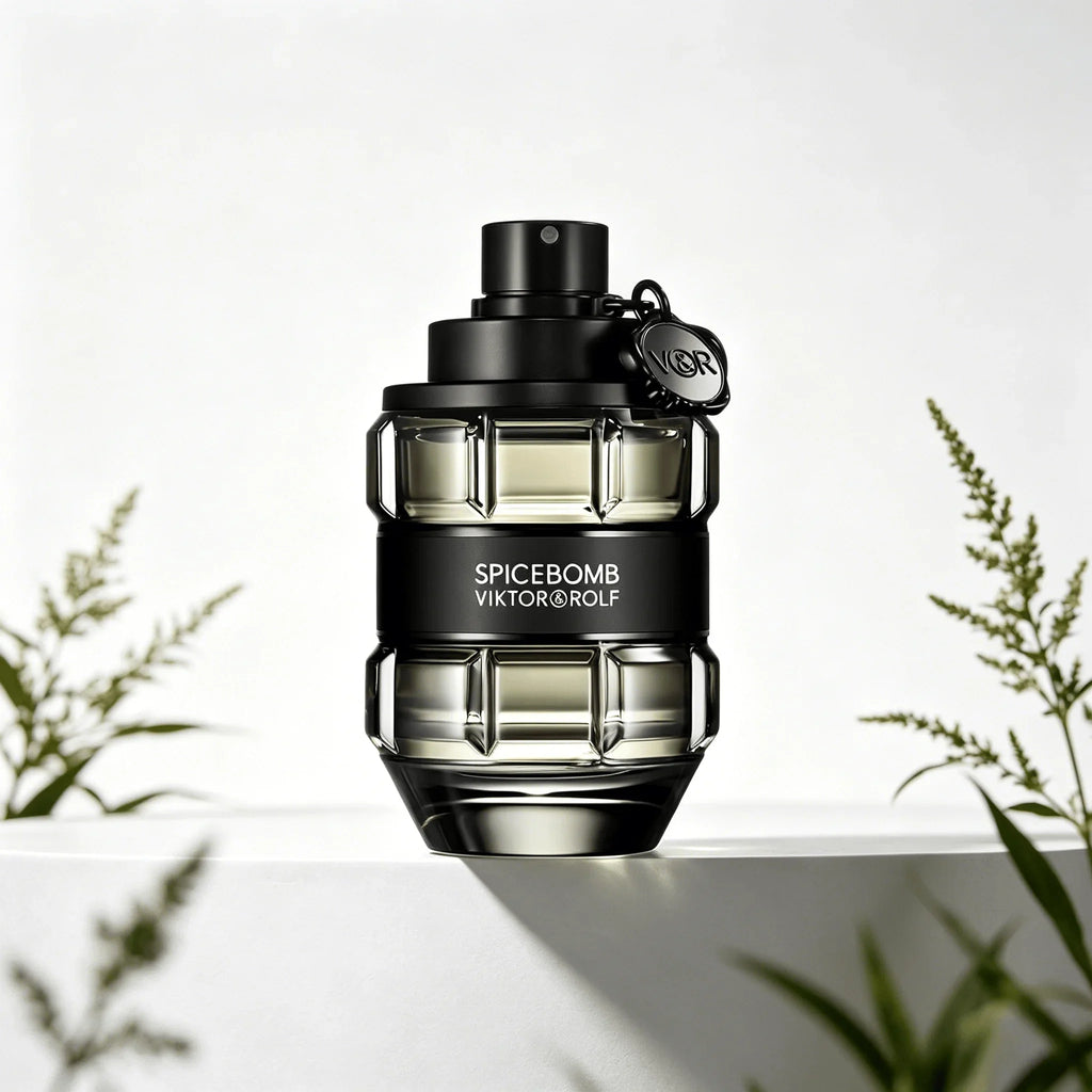 A glass perfume bottle shaped like a grenade, in a transparent black finish with a black band, on a white pedestal with