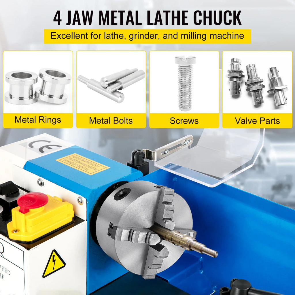 4-jaw metal lathe chuck mounted on a machine, with inset detail photos of metal parts