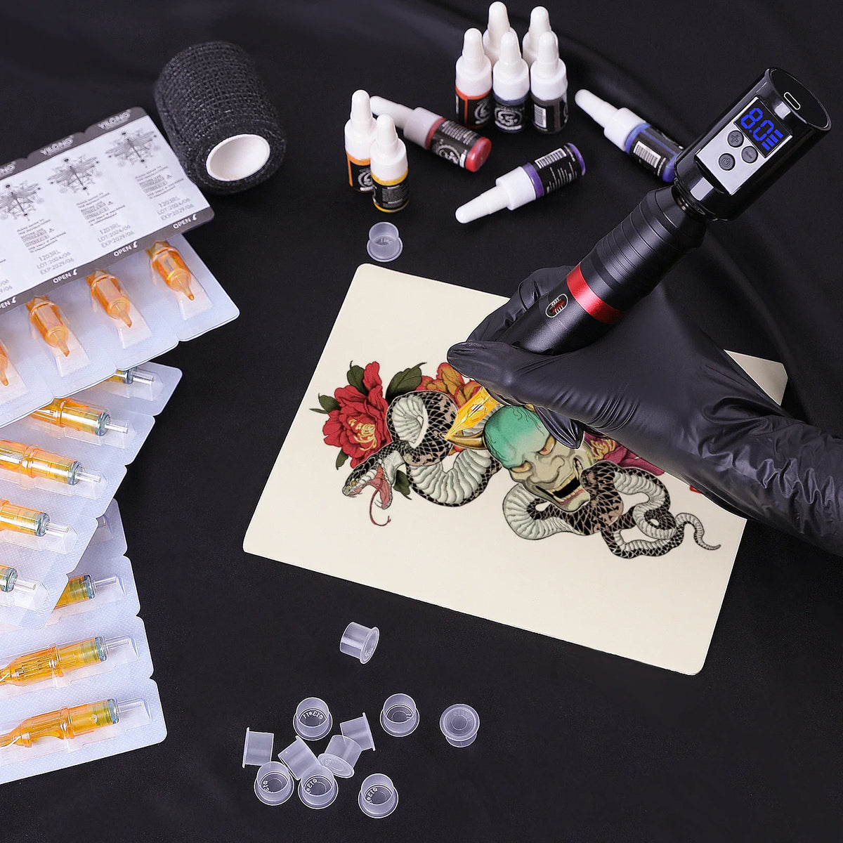 Professional tattooing with a wireless rotary pen machine on practice skin