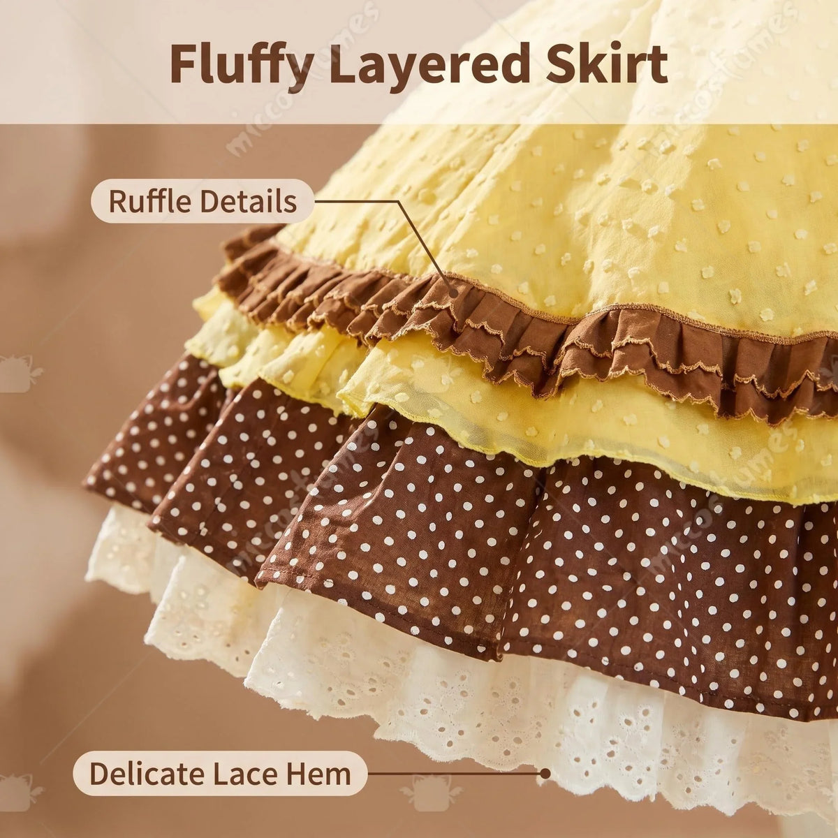Close-up detail of the ruffled, layered skirt and lace hem of a Lolita dress