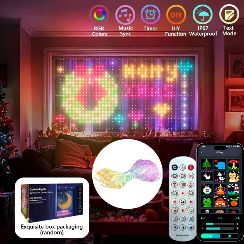 Smart LED curtain lights decorating a window with festive messages and app icons overhead.
