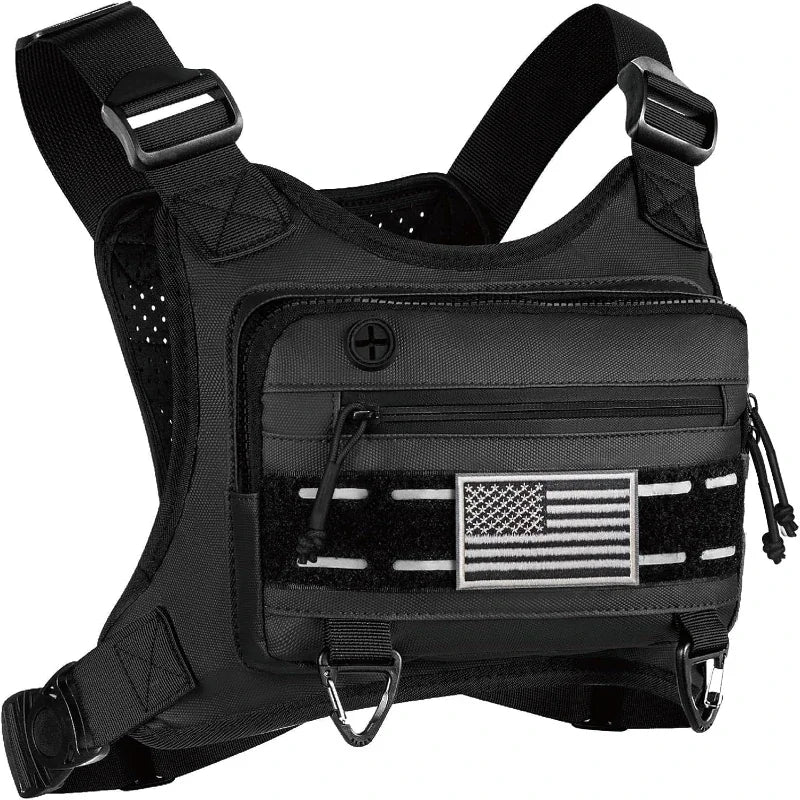 Black tactical chest bag with a US flag patch on the front pocket, adjustable straps, and molle webbing.